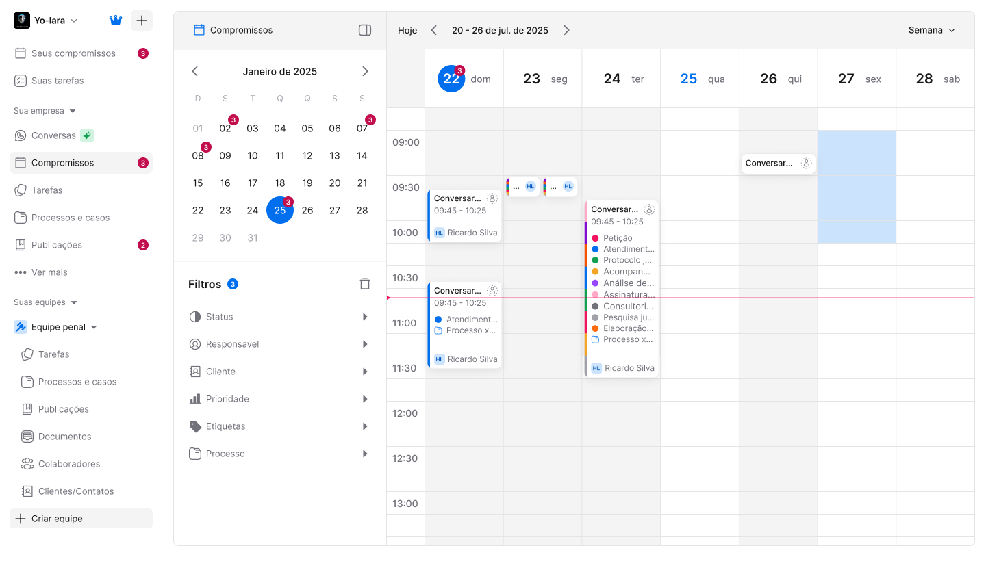 Agenda de compromissos com filtros por processo e cliente