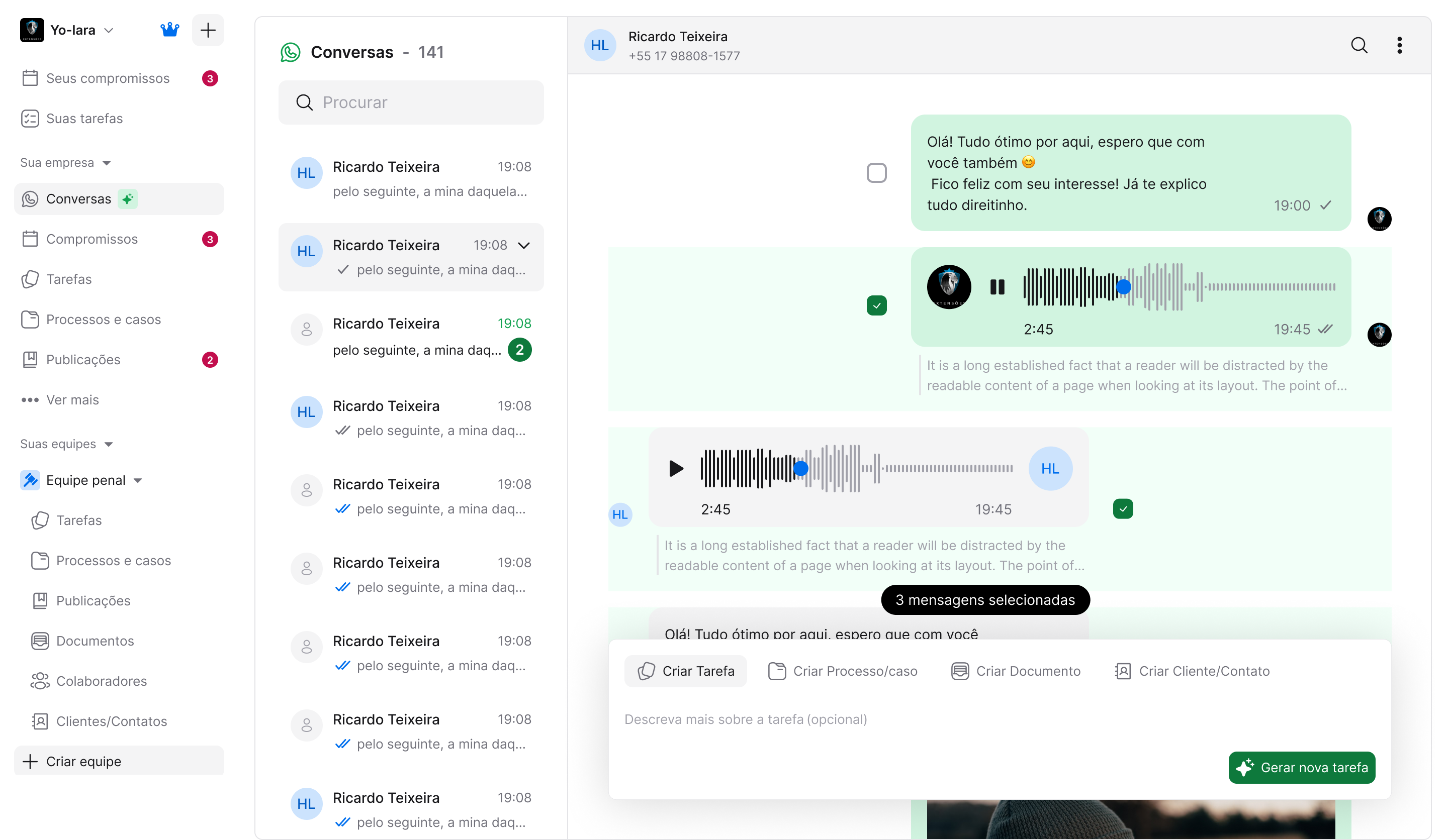 Chat integrado ao WhatsApp gerando tarefas e processos